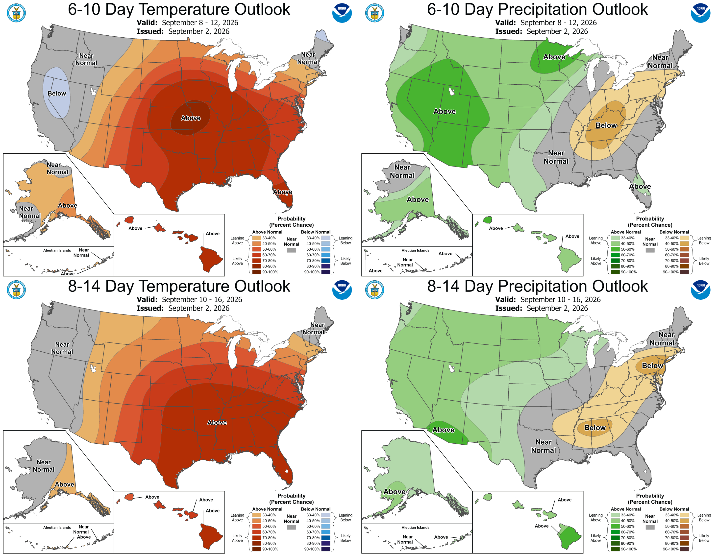 The 6-10 day (Sept. 8-12, top) and 8-14 day (Sept. 10-16, bottom) outlooks for temperature (left) and precipitation (right).  